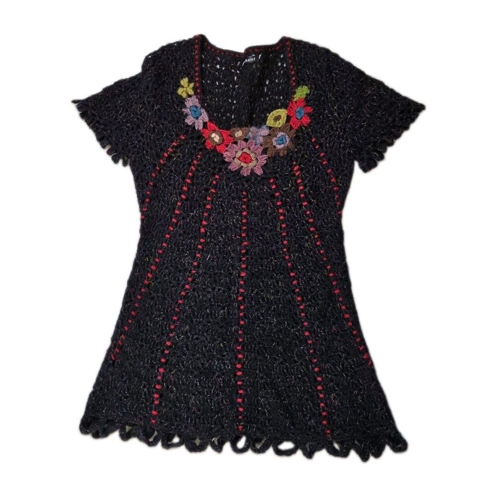Mechant Black Crochet Knit Floral Applique Sweater Dress Short Sleeve S/M EUC